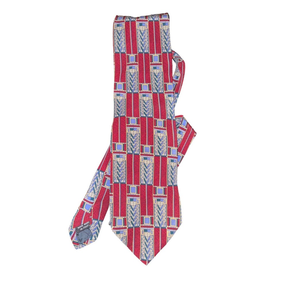 Boxelder Milwaukee Tie Red Geo Print Silk Hand Made Italy Frank Lloyd Wright